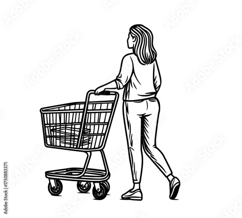 A silhouette depicting a woman pushing a shopping cart embodies the concept of retail and consumerism