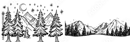 A starry night sky with a full moon shines down on the silhouette of pine trees and mountains