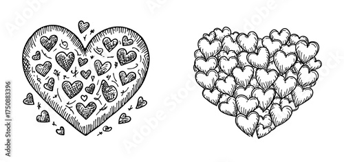 A heart made up of tiny heart shapes in black and white represents love and romance