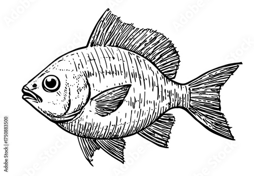 Modern illustration of a fish in monochrome, featuring detailed scales and stylized fins
