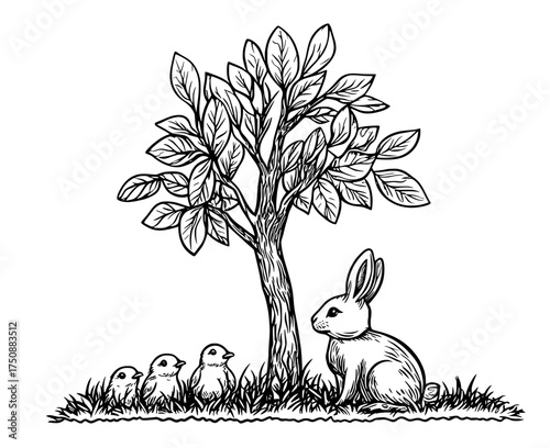 A rabbit and birds are illustrated in silhouette under a tree in bloom, with flowers surrounding the entire scene