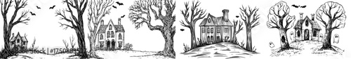 The silhouette of a haunted house, complete with eerie trees and bats, is ideal for Halloween and other spooky themes