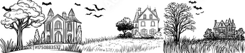A haunted house silhouette accompanied by bats and bare trees is perfect for Halloween themes