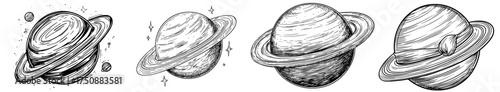 Illustration of Saturn in black and white featuring prominent rings and a minimalist aesthetic