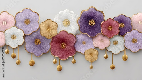 Hanging floral mural with gold trim on a neutral wall for luxury decor