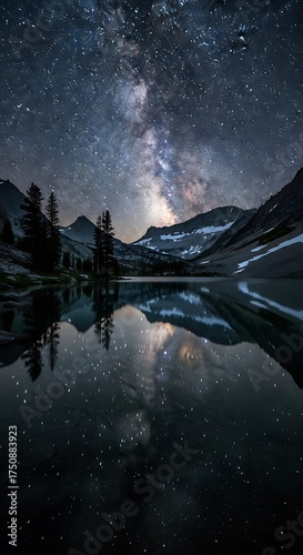 Milky Way Galaxy Reflected in Serene Mountain Lake at Night.