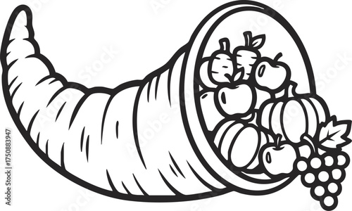 Cornucopia overflowing with autumn harvest on a white background