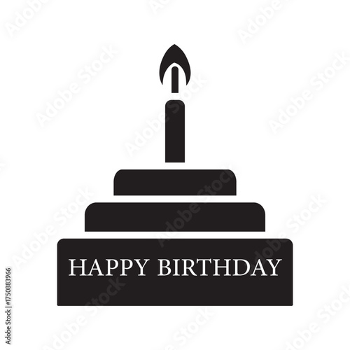Solid birthday cake vector icon, silhouette of a three-tiered cake with lit candles on top, complete with a banner that reads “Happy Birthday.”