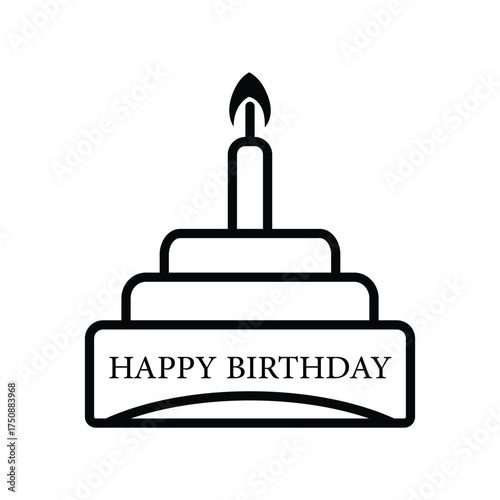 Vector illustration of a three-tier birthday cake with lit candles, featuring the text “Happy Birthday” on the bottom banner, with artistic lines symbolizing celebration.