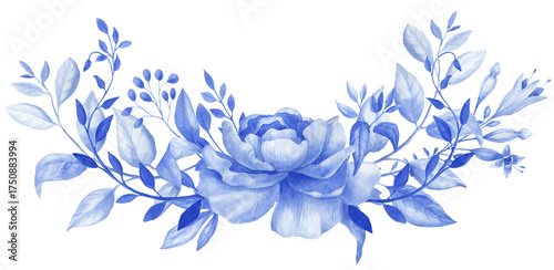 Chinoiserie border, watercolor blue flower frame, porcelain flower