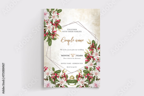 WEDDING INVITATION FRAME WITH FLOWER DECORATIONS AND FRESH LEAVES