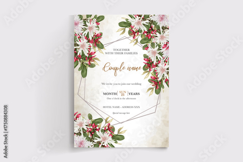 WEDDING INVITATION FRAME WITH FLOWER DECORATIONS AND FRESH LEAVES
