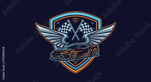Car club identity shield vector. Futuristic sports car with wings and checkered flag. Suitable for racing teams, automotive businesses, and brand creation.