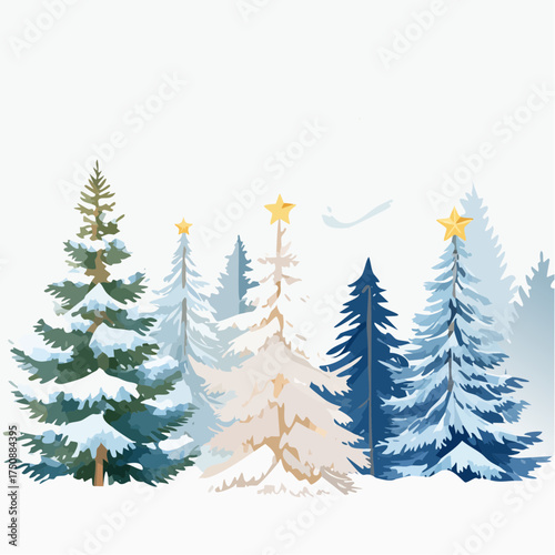 Sanfte Aquarell-Tannenbäume, die leicht mit Schnee bedeckt sind