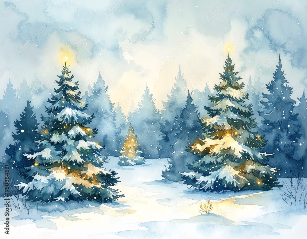 Obraz premium Sanfte Aquarell-Tannenbäume, die leicht mit Schnee bedeckt sind