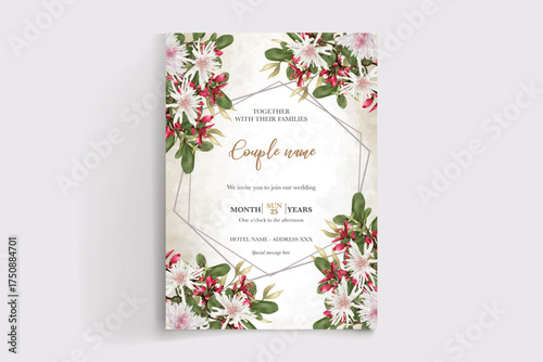 WEDDING INVITATION FRAME WITH FLOWER DECORATIONS AND FRESH LEAVES