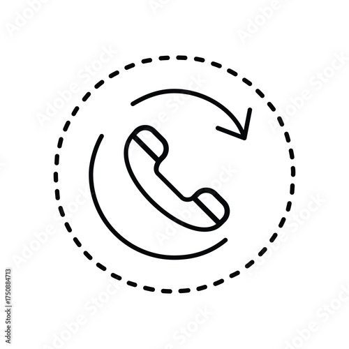 Vector art of a simple black and white icon of a telephone receiver with a circular arrow