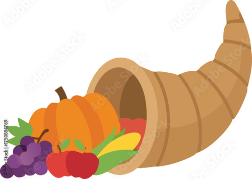 Cornucopia overflowing with autumn harvest on a white background