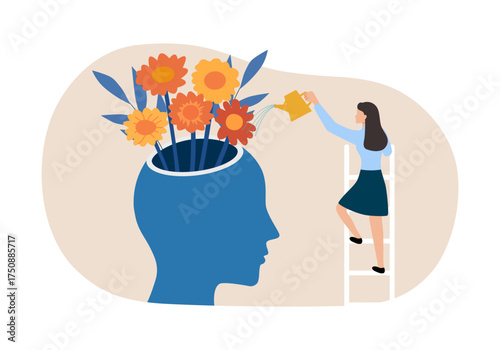 Mental health care, psychological therapy concept. woman with watering can irrigates blossom flowers inside head. Self care, healthy life. Psychologist help