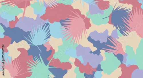 Colorful abstract pattern featuring palm leaves in pastel shades, ideal for backgrounds or designs