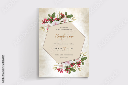 WEDDING INVITATION FRAME WITH FLOWER DECORATIONS AND FRESH LEAVES