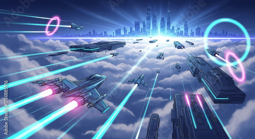 Futuristic sky racing vector. High-speed hover jets, flying vehicles, glowing clouds, neon skyline. Perfect for sci-fi aerial posters, backgrounds, concept art.