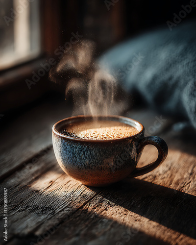 A steaming cup of coffee on a rustic wooden surface near a window with natural sunlight streaming in