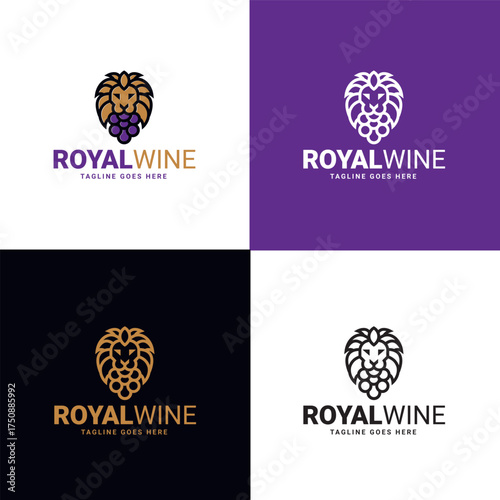 Royal Wine Logo template, beverage, driinks, royal luxury logo, lion head and grapes combbined to make a unique wine logo