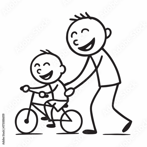 Dad teaching child to ride a bicycle stick figure line art on white
