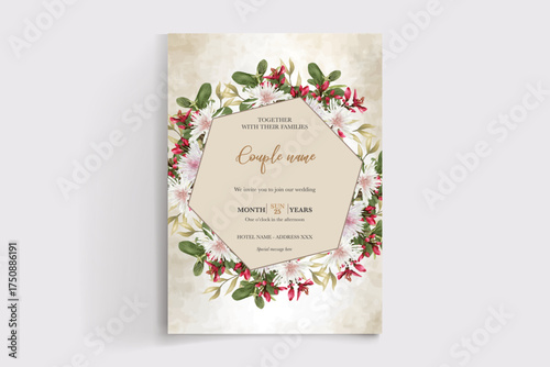 WEDDING INVITATION FRAME WITH FLOWER DECORATIONS AND FRESH LEAVES