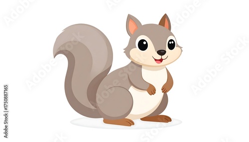 A friendly, cartoon-style squirrel with fluffy tail and cheerful expression against a white background. The critter has brown and grey fur