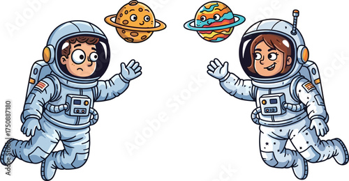 Cartoon astronauts floating in space, playful planet interaction, smiling celestial bodies, educational space theme, vector illustration, imaginative science fiction concept