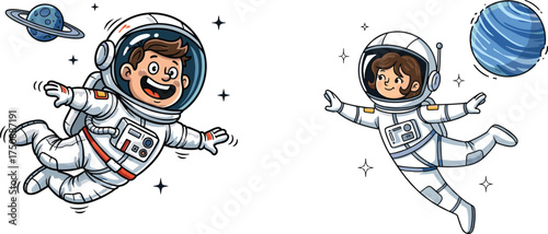 Cartoon astronauts floating, space adventure, joyful expressions, white suits, blue planets, stars background, imaginative play, vector illustration, cosmic journey, children theme