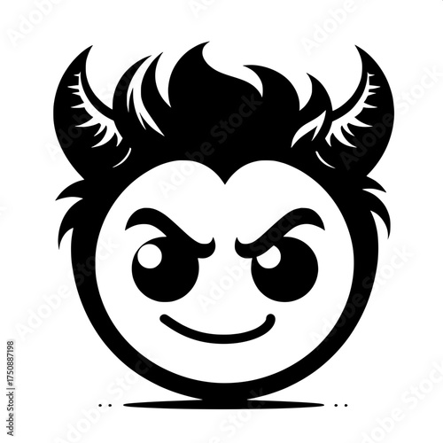Black and White Vector Silhouette of Devil Emoji with Horns