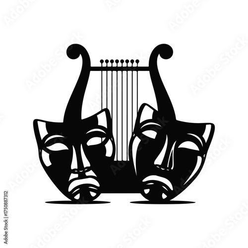 Dramatic theatrical masks with lyre musical instrument representing performance art.