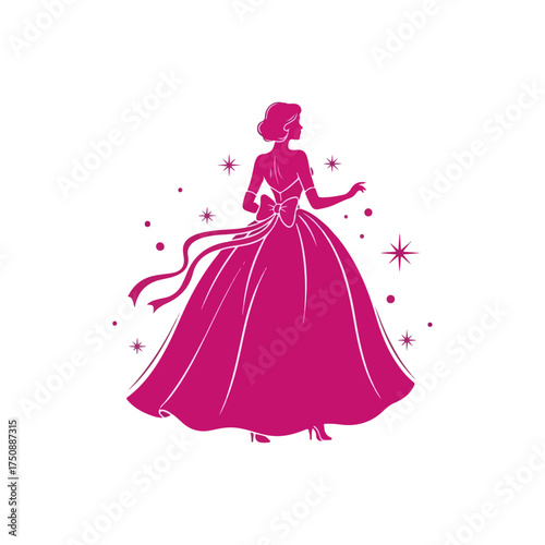 Elegant silhouette of a woman in a flowing pink gown with sparkling details.