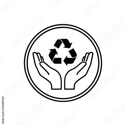 Recycling symbol held by hands within a circular frame promoting environmental protection.