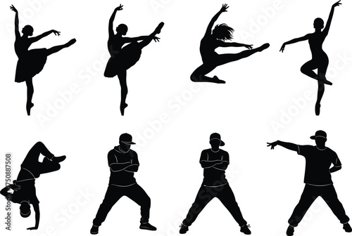 Silhouettes of ballet and hip-hop dancers, elegant classical poses, dynamic street moves, contrast in dance styles, expressive choreography, artistic motion