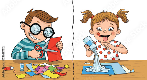 Cartoon children crafting, glue and scissors activity, colorful paper shapes, creative learning, messy fun, vector illustration, teamwork, indoor art project, focus