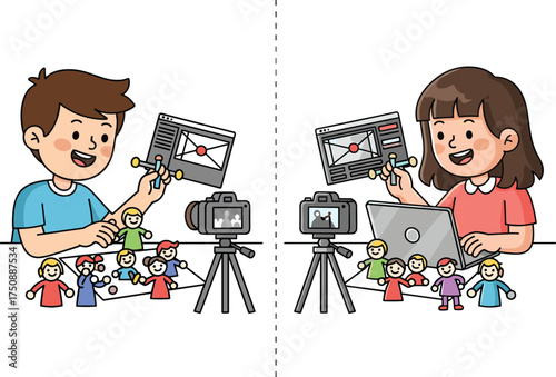 Cartoon children creating stop-motion animation, laptop and tablet setup, video editing, puppets, filmmaking concept, digital creativity, white background illustration