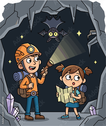 Cartoon children exploring cave with flashlight and map, crystal discovery, camping adventure scene, emotional teamwork, vector illustration, nature exploration theme