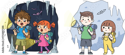 Cartoon children exploring caves with flashlights, outdoor adventure scene, teamwork activity, bat encounter, emotional expression, vector illustration, nature exploration