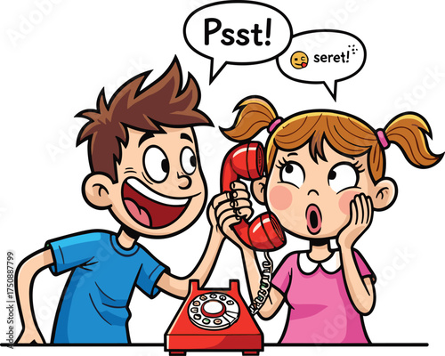 Cartoon children sharing secret with rotary phone, emotional reaction, playful communication scene, vintage device, whisper moment, vector illustration, childhood expression