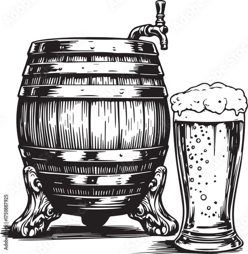 Wooden beer barrel with tap and frothy glass, black and white vector illustration for brewing themes