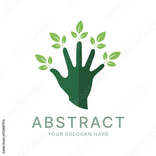 Abstract Nature Hand Logo Design with Green Leaves a Symbol of Growth and Sustainability