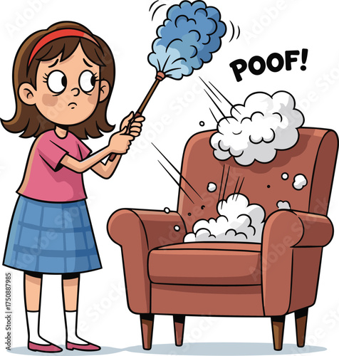 Cartoon girl cleaning, dusting armchair, big dust cloud, funny home scene, indoor activity, playful responsibility, vector illustration, household chore moment