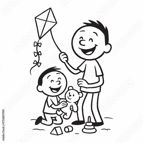 Clean line art of father and son joyfully flying a kite together