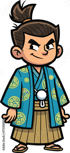 Cartoon samurai character, traditional Japanese clothing, confident pose, cultural heritage, feudal Japan theme, expressive design, white background illustration