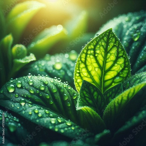 Dew-covered green leaf up close
