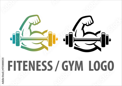 Fitness and gym logo with muscular arm and dumbbell
